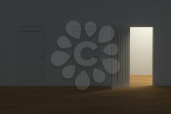 Wooden door with white night scene, 3d rendering. Computer digital drawing.