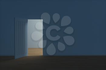 Wooden door with white night scene, 3d rendering. Computer digital drawing.