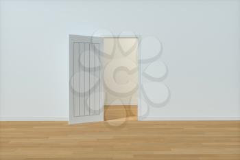 Wooden door with white wall background, 3d rendering. Computer digital drawing.