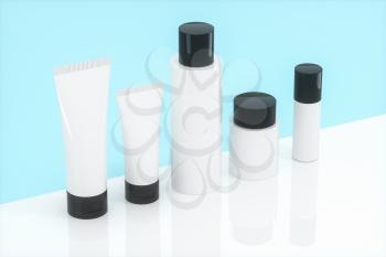 Blank cosmetic bottle with blue background, 3d rendering. Computer digital drawing.
