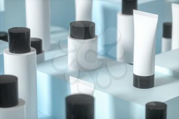 Blank cosmetic bottle with cubic background, 3d rendering. Computer digital drawing.