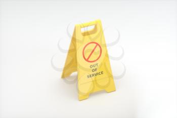 Yellow floor sign with out of service on it, 3d rendering. Computer digital drawing.