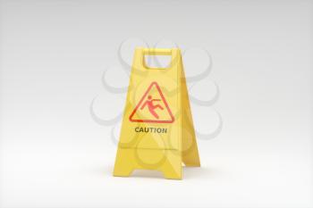 Yellow floor sign with caution on it, 3d rendering. Computer digital drawing.