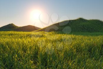Grass field and mountains with bright background,3d rendering. Computer digital drawing.