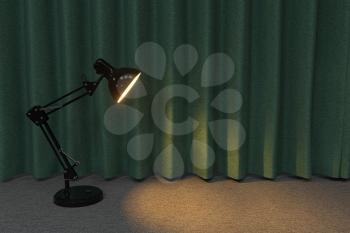 Decorative lamp with curtain and fabric floor background, 3d rendering. Computer digital drawing.