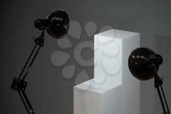 Decorative lamps with empty cube podium, 3d rendering. Computer digital drawing.