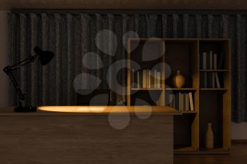 Private work place with wooden desk at night, 3d rendering. Computer digital drawing.