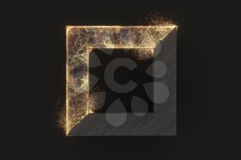 Golden abstract lines and crystals with black background, 3d rendering. Computer digital drawing.