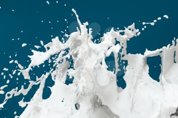 Splashing milk with blue background, 3d rendering. Computer digital drawing.