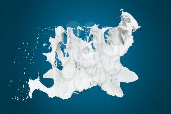 Splashing milk with blue background, 3d rendering. Computer digital drawing.