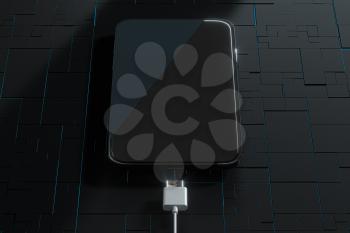 The charging mobile phone with circuit background, 3d rendering. Computer digital drawing.