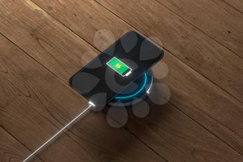 The charging mobile phone with wireless charger, 3d rendering. Computer digital drawing.
