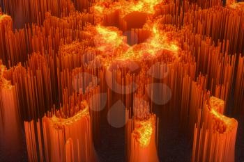 Glowing fiery background, burning firestorm, 3d rendering. Computer digital drawing.