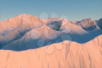 A stretch of snow mountain with blue sky, 3d rendering. Computer digital drawing.
