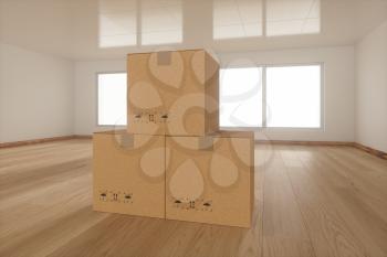Stacked cardboard in the empty room, with sunlight come from the windows, 3d rendering. Computer digital drawing.