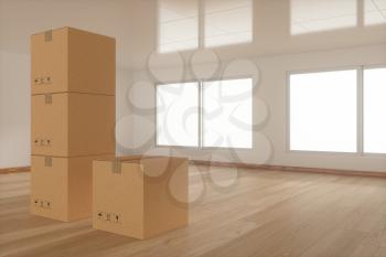 Stacked cardboard in the empty room, with sunlight come from the windows, 3d rendering. Computer digital drawing.
