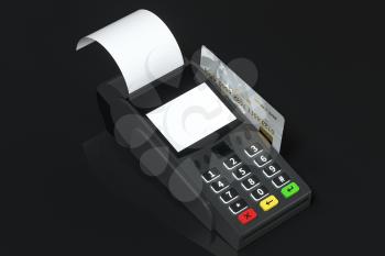 Swiping the POS machine, black background, 3d rendering. Computer digital drawing.
