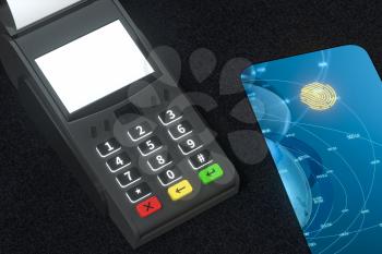 POS machine and mobile phone with fingerprint identification, 3d rendering. Computer digital drawing.