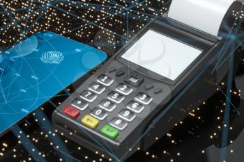 POS machine and mobile phone with fingerprint identification, 3d rendering. Computer digital drawing.