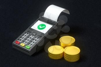 POS machine and golden coins, 3d rendering. Computer digital drawing.