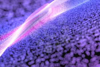 Purple neon particles with dark background, 3d rendering. Computer digital drawing.