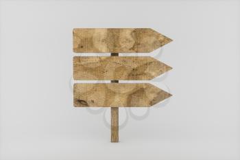 Empty wooden guide board with white background, 3d rendering. Computer digital drawing.