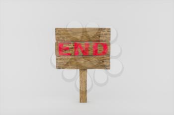 Wooden guide board with 'end' word on it, 3d rendering. Computer digital drawing.
