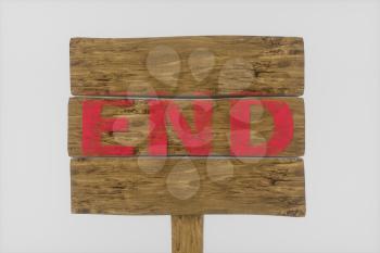 Wooden guide board with 'end' word on it, 3d rendering. Computer digital drawing.