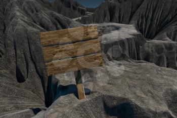 Empty wooden guide board and mountain road, 3d rendering. Computer digital drawing.