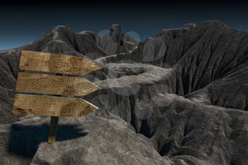 Empty wooden guide board and mountain road, 3d rendering. Computer digital drawing.