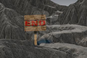Wooden guide board and mountain road, 3d rendering. Computer digital drawing.