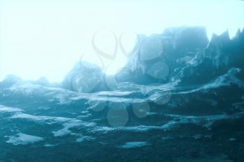 Mountain landscape tops covered with snow at night, 3d rendering. Computer digital drawing.