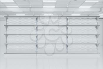 Empty supermarket shelves in the supermarket, 3d rendering. Computer digital drawing.