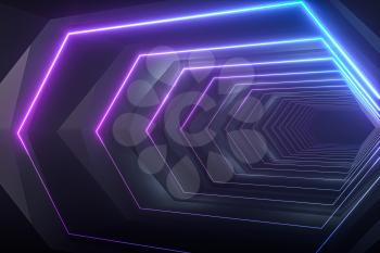 Hexagonal tunnel with neon light, modern architecture, 3d rendering. Computer digital drawing.