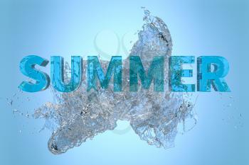 3D font of SUMMER with water pouring down, 3d rendering. Computer digital drawing.