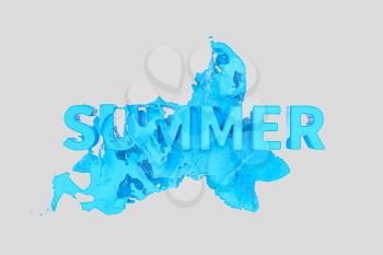3D font of SUMMER with blue liquid pouring down, 3d rendering. Computer digital drawing.