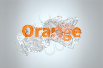 3D font of orange with water pouring down, 3d rendering. Computer digital drawing.