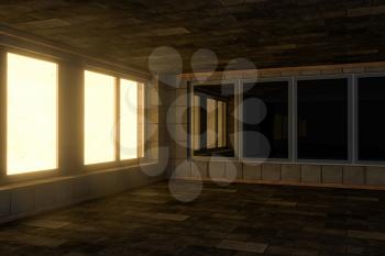 Empty brick house with dark background,3d rendering. Computer digital drawing.