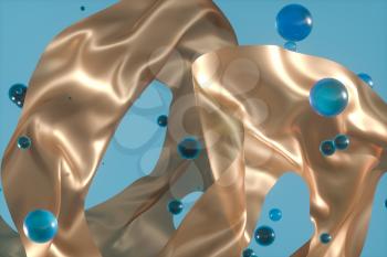 Flowing silk and glass beads with light background,3d rendering. Computer digital drawing.