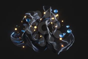 Flowing silk and glass beads with black background,3d rendering. Computer digital drawing.