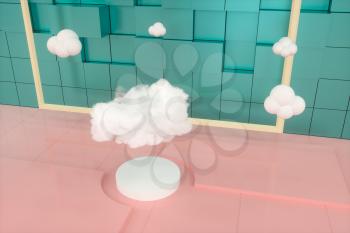 Cartoon clouds and cartoon cubes,geometry room,3d rendering. Computer digital drawing.