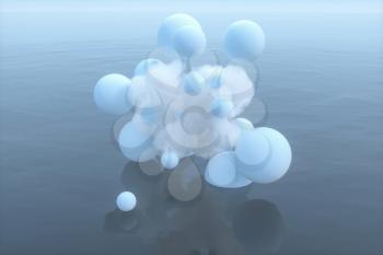 Balls and clouds floating on the lake,peaceful scene,3d rendering. Computer digital drawing.
