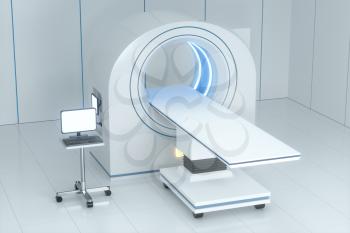 The medical equipment CT machine in the white empty room, 3d rendering. Computer digital drawing.
