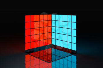 Neon and glass squares with dark background,3d rendering. Computer digital drawing.