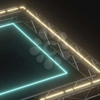 Steel frame and luminous cubes, 3d rendering. Computer digital drawing.
