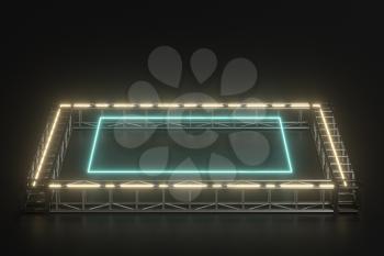 Steel frame and luminous cubes, 3d rendering. Computer digital drawing.