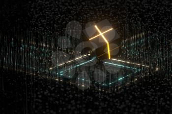 The cube floats above the glowing cubes, 3d rendering. Computer digital drawing.