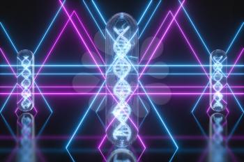 Test tube and chromosomes, DNA and genes,3d rendering. Computer digital drawing.