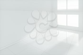The white empty room with sunlight coming from the window, 3d rendering. Computer digital drawing.