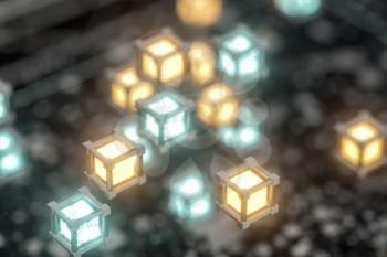 Randomly distributed cubes, Industrial background, 3d rendering. Computer digital drawing.